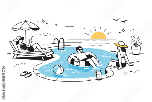 Swimming pool leisure afternoons. Late afternoon pool scene with long shadows and relaxed postures, day slowly winding down. Tranquil summer