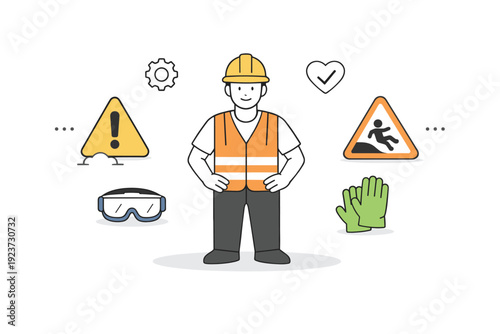 Workplace safety minimal set. A worker wearing a helmet and safety vest standing near simple warning icons, shown with calm posture and clear
