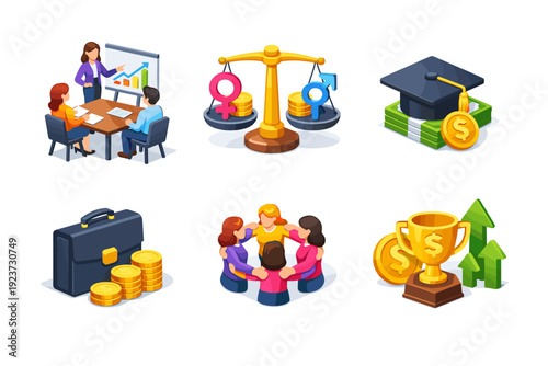 Women financial empowerment. Isometric flat vector icons set of Women financial empowerment: woman leading finance meeting, equal pay balance