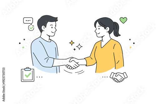 Building trust. Two people calmly shaking hands with open posture and relaxed expressions. The scene shows reliability, mutual respect, and a