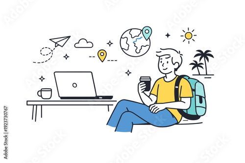 Digital nomad freelancer. A laptop on a table with a freelancer nearby suggests work from anywhere, supported by abstract travel or location