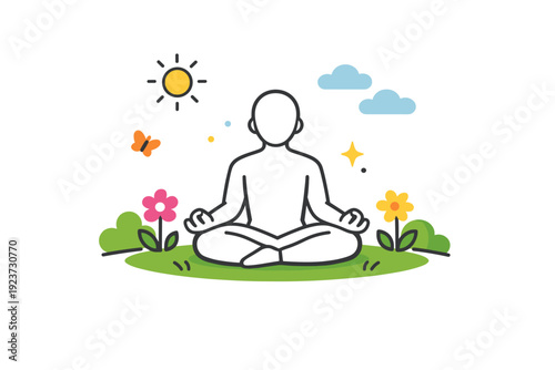 Spring Yoga Serenity. Spring yoga outdoors relaxed meditation scene with simple human figure, grass and blooming elements, creating a feeling of peace, clarity
