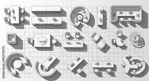 Architectural furniture layout plan with various table and seating arrangements in top view.