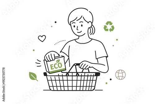 Sustainable choice moment. A person placing an item with ethical labeling into a shopping basket, expressing confidence and intention. Calm