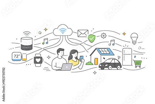 Internet of Things. Abstract editorial-style illustration where data flows are visualized as gentle lines connecting everyday objects and
