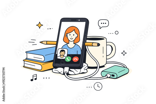 Improvised solutions realism. Phone propped up with household items during a call, cords and angles not quite right. Quiet flexibility and