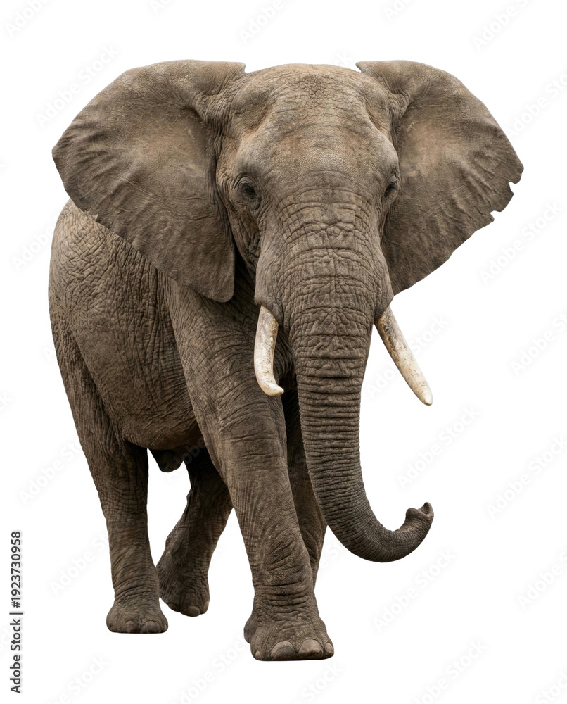 Obraz premium African elephant walking forward, isolated on white background, showcasing large ears, trunk, and tusks