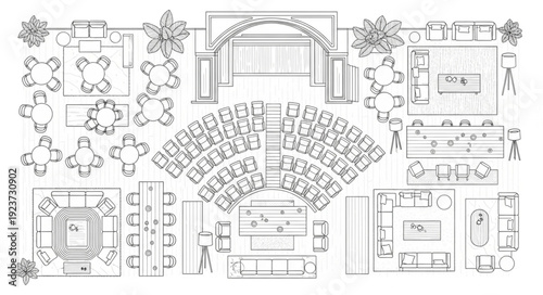 Detailed architectural blueprint of a grand theater with seating and stage.