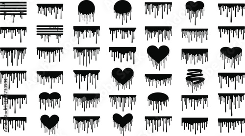 Black dripping paint set featuring liquid drips, melting hearts, circles, and ink splatter icons cad drawing flat vector illustration collection.