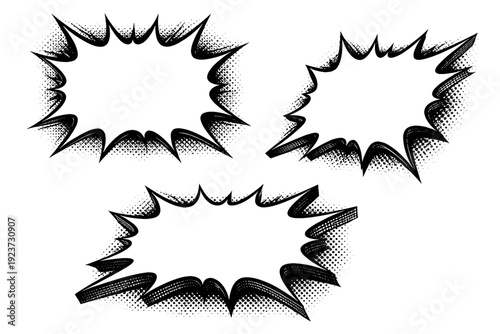 Comic action frame border depicted as one isolated object presented in straight-on view, rotated diagonal view, and three-quarter view