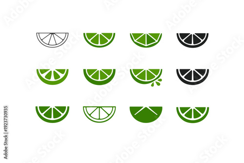 Lime wedge. Icon set. Set Logo of Lime wedge: lime segment geometry. harmonious logo variations of the same emblematic concept, each with different artistic