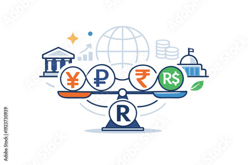 BRICS economies centered on financial cooperation and alternative economic systems. A calm visual metaphor with linked currency symbols and