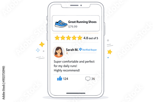 Product Review Interface. Product reviews and ratings. Smartphone screen showing product card with star rating and short review text. Clear visual hierarchy