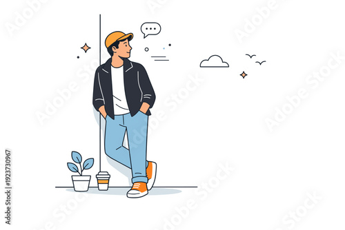 People leaning on walls. A person leans back against a simple urban wall, looking to the side with a thoughtful expression. The scene conveys