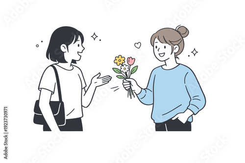 Friendly Flower Gesture. Flowers as everyday gesture between friends. One friend casually offers flowers while talking or passing by. Natural affection and