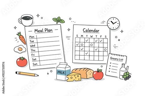 Hand-drawn illustration of meal planning, calendar, and grocery list with food items