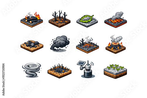 Environmental Cinder Icons. Environmental cinder. Colorful isometric vector icons set of Environmental cinder: wildfire ash field, burned forest ground, ash