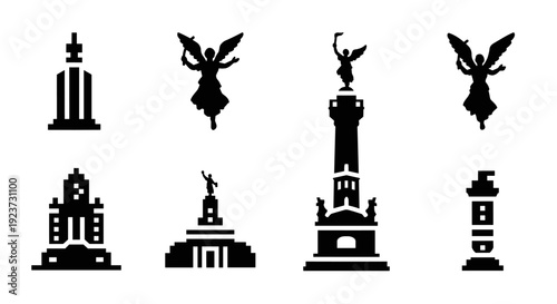 Iconic monuments silhouette set featuring global landmarks and angel statues