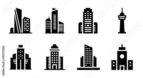 Modern urban skyscraper icons set featuring various architectural styles