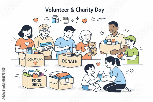 Volunteer and Charity Day illustration. People of different ages working together to pack donation boxes and share supplies, showing kindness