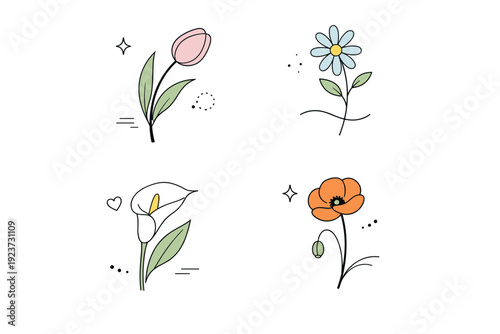 Elegant flower compositions ? minimal botanical still life. Single stems and blossoms placed with intention, highlighting form, negative