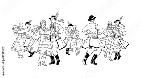 Traditional folk dance scene with couples in festive attire