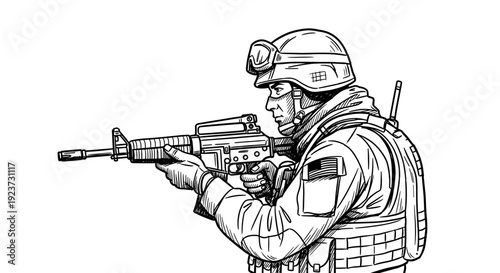 Detailed soldier drawing in tactical gear with rifle on white background