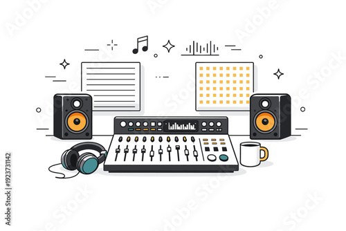 Modern music studio scene. Simple studio setup with mixing console, headphones, and clean audio panels. Quiet professional atmosphere focused