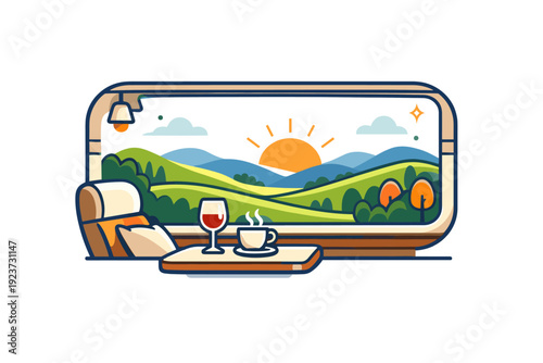 Luxury train travel and scenic routes shown as a panoramic train window framing rolling hills, trees and a rising sun, conveying slow travel