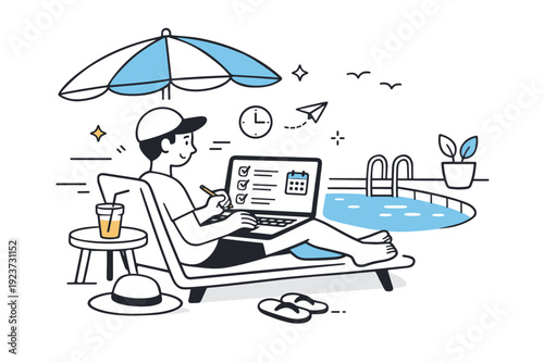 Laptop work near swimming pools. A remote worker planning tasks on a laptop under light shade near the pool. Comfortable focus and balanced
