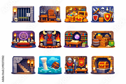 DungeonRooms. Colorful flat vector icons set of dungeon rooms: prison cell, torture chamber, treasure vault, armory room, ritual chamber,