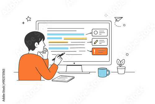 Content creation ? writing and editing. Person reviewing text on a screen with highlighted lines and comment bubbles, showing refinement and