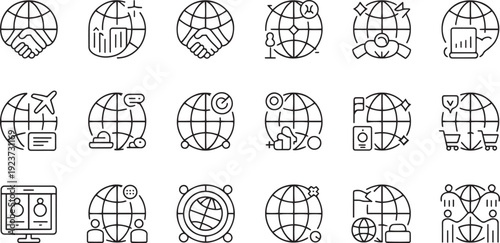 Collection of hand drawn globe and world map icons with various human hands gestures