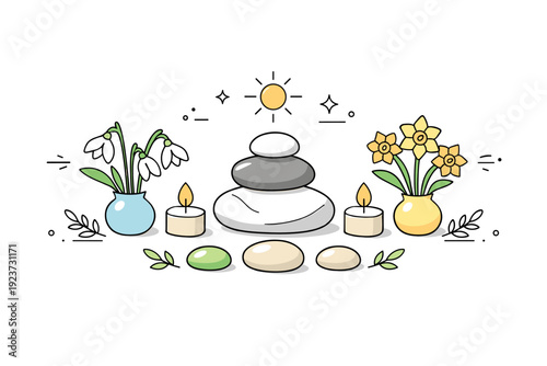 Spring equinox altar minimalism. Minimal altar setup with stones, candles, and early spring flowers arranged symmetrically. Calm balanced