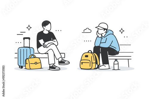 Bags resting on floors while waiting. Luggage or backpacks sit near seated figures, suggesting a pause during travel or errands. Mood of