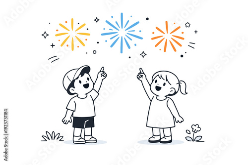 Watching fireworks in summer. Children point upward excitedly as simple bursts light the sky. Gentle sense of playfulness and seasonal