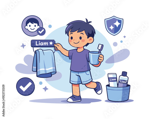 Personal items hygiene. Child keeping toothbrush and towel organized, icons showing