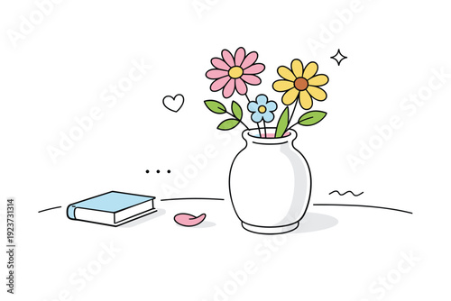 Minimalist Floral Elegance. Unwrapped flowers in vases. A minimal tabletop scene with a ceramic vase and casually placed flowers, petals slightly uneven. The