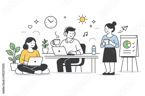 Healthy office environment. Comfortable workplace culture with balance and wellbeing, relaxed and positive mood. Simple characters working