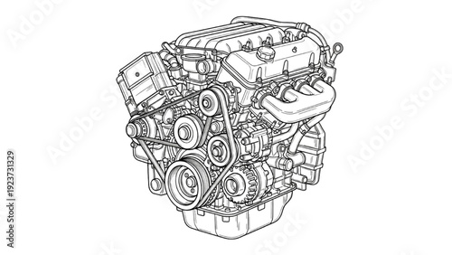 Detailed vehicle autocad blueprint of an engine from a technical viewpoint with various mechanical components