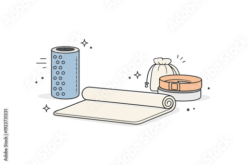 Recovery corner setup. Foam roller, resistance bands, and yoga mat arranged organically in a calm indoor space for post-workout relaxation.