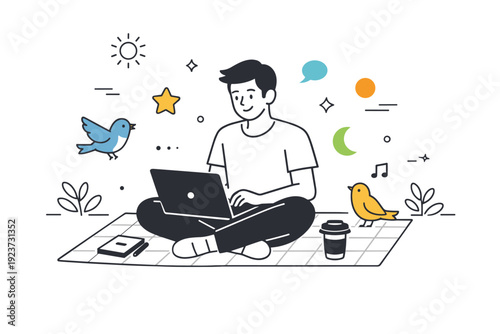 Outdoor laptop work in parks. Remote worker on a picnic blanket with a laptop and coffee, birds and abstract shapes floating nearby. Relaxed