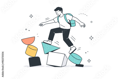 Cautious Steps. Unstable environments. A person stepping carefully between uneven geometric shapes, with subtle motion lines indicating movement and imbalance.