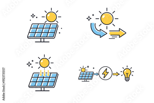 Solar energy  symbols. Simple icons like panel grid, sun icon, and flowing arrows, expressing energy capture and conversion. Clean,