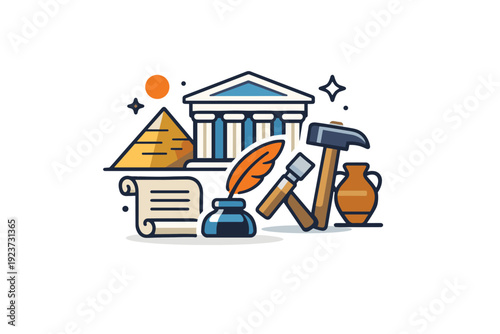 History classic architecture and ancient tools combined in a compact composition, expressing legacy, craftsmanship, and shared
