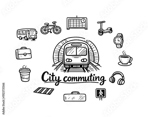 City Commuting Doodles. City commuting. Hand-drawn doodle illustration of City commuting. In the middle, one