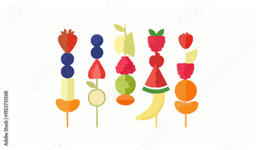 Vector Flat Fruit Canapes on Wooden Skewers with Mixed Fruits