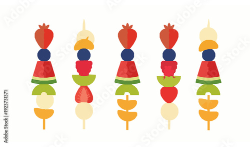 Colorful Flat Vector Fruit Skewers with Strawberries, Blueberries, Kiwi, and Banana
