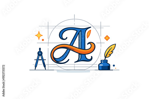 Typography in calligraphy highlighting attention to detail and precision. A refined illustration with a single decorative letter surrounded