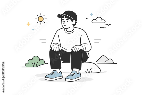 People sitting outside cautiously. Person sitting outdoors with feet planted firmly, hands resting still. Grounded posture, awareness of